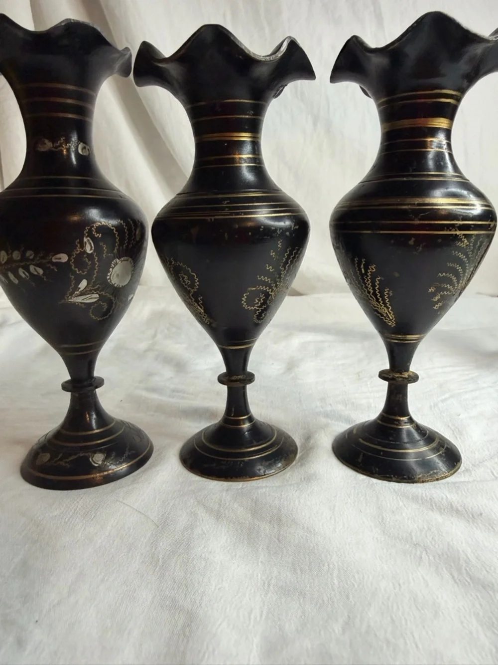 Vintage Hand-Etched Brass Bud Vases - Set of 3